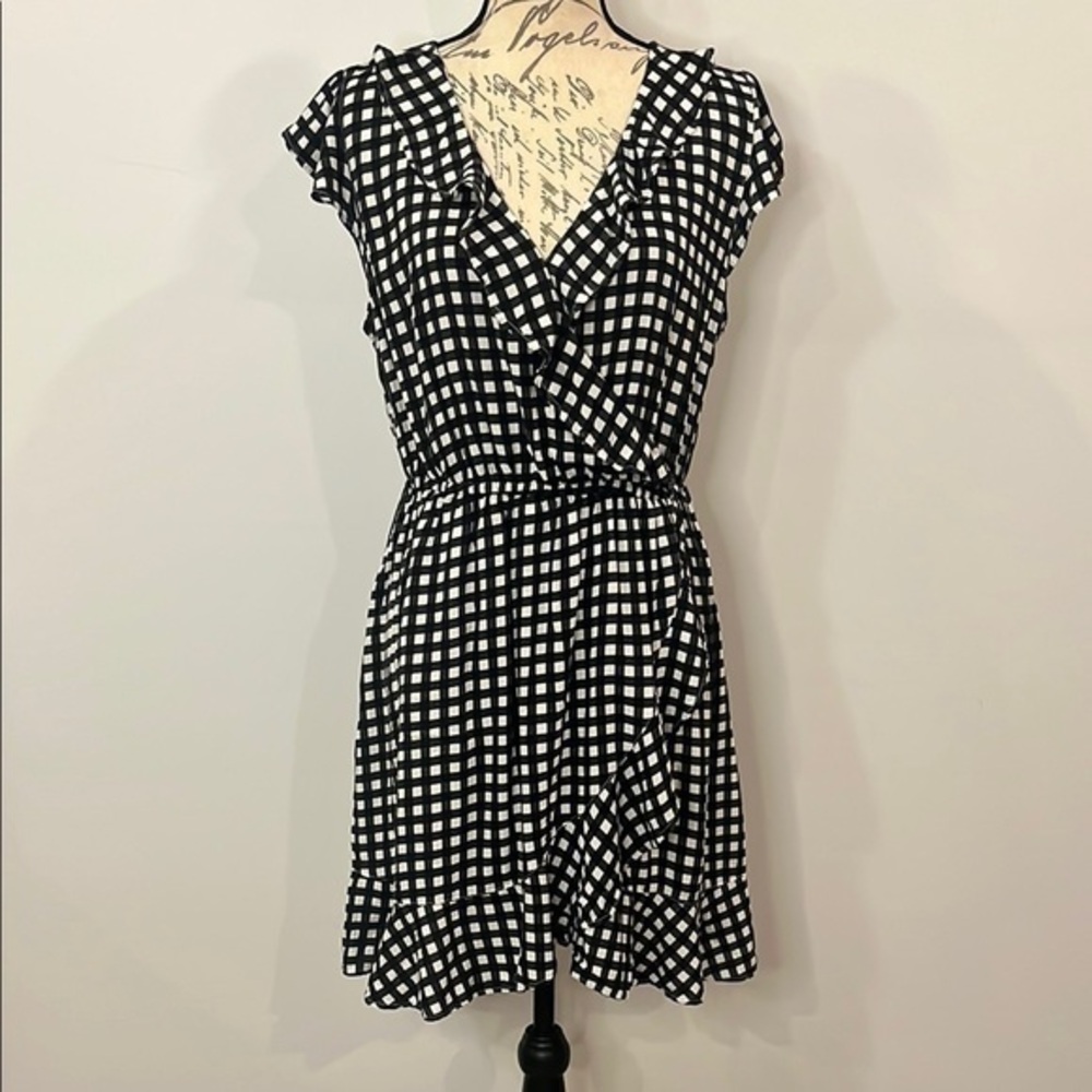 Arizona Jean Co gingham checked surplice wrap look mini dress flutter sleeve L